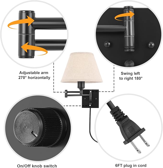 TRLIFE Wall Sconce with Remote Control, Dimming 10%-100% and Adjustable Color Temperature 2700K-6500K Swing Arm Wall Lights with Plug in Cord, 9.4