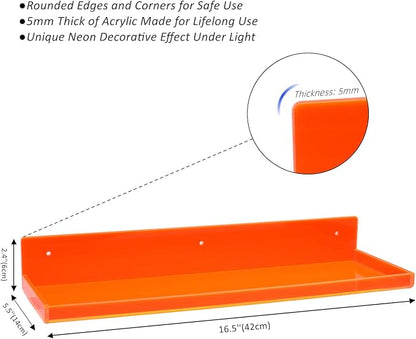 Floating Shelves for Wall Acrylic Wall Shelves for Bedroom Bathroom Living Room Kitchen 16.5X5.5'', Pack of 2, Neon Orange