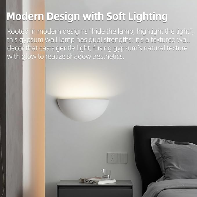 Repaintable Hardwired Wall Sconce, Minimalist Half-Sphere Gypsum Wall Light Fixture, Pure White Wall Mounted Lamp, Classic G9 Bulb Walls Lighting for Bedroom, Living Room, Hallway Decor