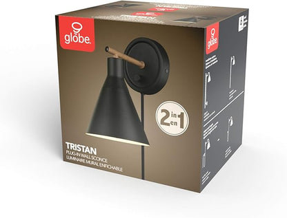 Globe Electric 51725 1-Light Dimmable Plug-in or Hardwire Wall Sconce, Matte Black, Faux Walnut Accent, Stepless Dimming Rotary Switch on Canopy, Black Fabric Cord, Bulb Not Included