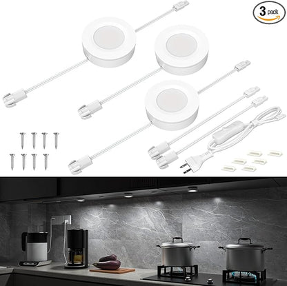 WOBANE Hardwired Under Cabinet Lights,Linkable LED Puck Lights with Switch,DIY Under Counter Lighting for Kitchen,Showcase,Bookcase,Recessed&Wall Plug in,White 6000K,120V,Set of 3