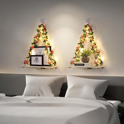 EXIN DECHEN Floating Shelves for Wall No Drilling,Wall Shelves,Hanging Shelf,Leaves and Light Strip with Flower,Set of 2 Plant Decor for Home Livingroom Bedroom,Led Room Decor Aesthetic,Gift