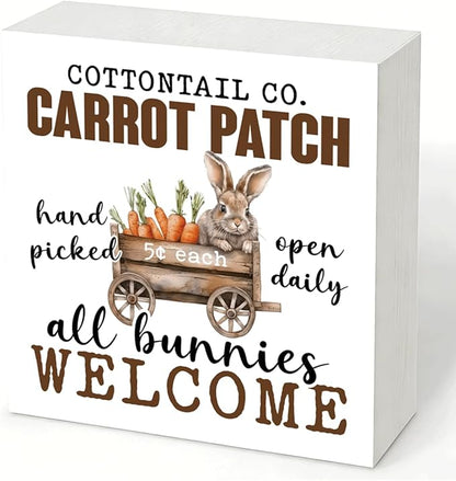 Easter Decorations for Home Carrot Patch All Bunnies Welcome Sign, Rustic Farmhouse Rabbit Spring Wall Decor, Vintage Carrot Tin Plaque for Porch Kitchen Garden Easter Decor