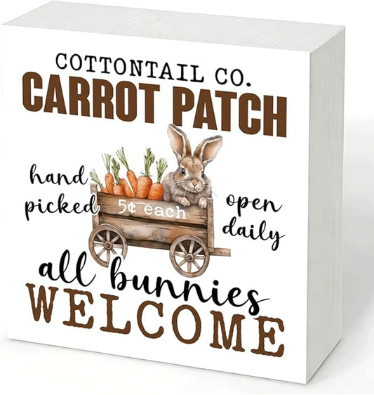 Easter Decorations for Home Carrot Patch All Bunnies Welcome Sign, Rustic Farmhouse Rabbit Spring Wall Decor, Vintage Carrot Tin Plaque for Porch Kitchen Garden Easter Decor