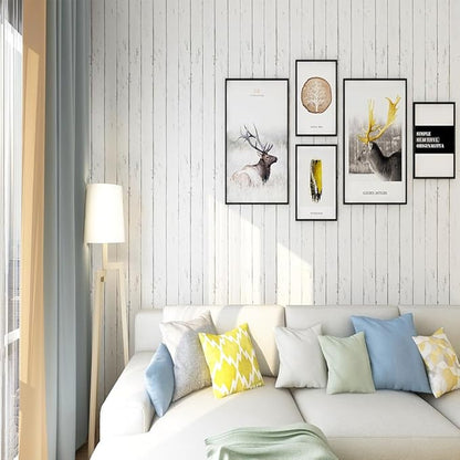 Orgrimmar 236" x 17.8" Wood Peel and Stick Wallpaper Self-Adhesive Removable Wallpaper Covering Decorative Stick Film Vintage White Wood Panel Vinyl Decal Roll
