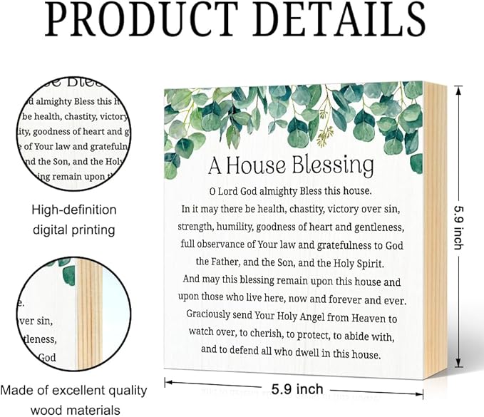 A House Blessing Wood Block Plaque Box Sign for Home Living Room Coffee House Bar Shelf Table Decoration, Housewarming Christian Decor Gifts for Women Mom Wife Sister Hostess Friends