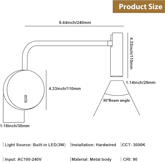 ZEROUNO Wall Mounted LED Reading Light for Bedroom Hardwired Wall Sconce with Switch on/Off Modern 3000K Swing Arm Bedside Wall Mount Lamp (Antique Bronze)