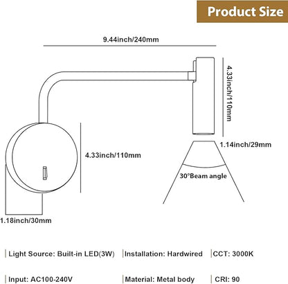 ZEROUNO Wall Mounted LED Reading Light for Bedroom Hardwired Wall Sconce with Switch on/Off Modern 3000K Swing Arm Bedside Wall Mount Lamp (Antique Bronze)
