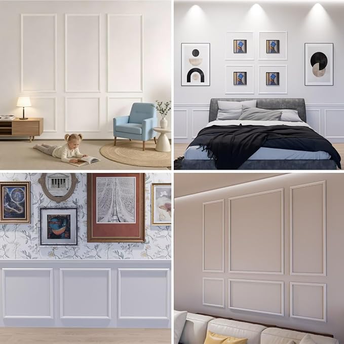 6 Frame Peel and Stick Wall Molding Kit, Wainscoting Panels kit for Walls, PreCut Wall molding 54x24 Inch, Easy Install Wall Wainscoting & Picture Frame Molding for Living Room, Bedroom, Home Decor