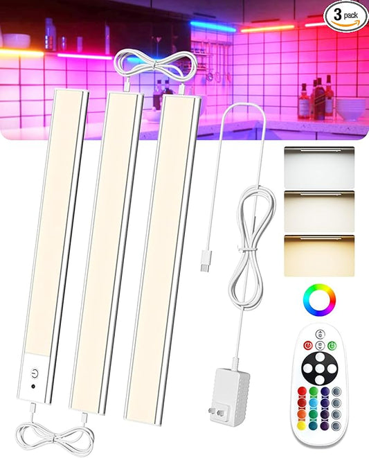 Under Cabinet LED Lighting Plug in, Aluminum RGB Color Changing Lights with Remote Control, 12in 3-Panel Wired Parallel, Ideal for Kitchen, Counter, Bookshelf – 15 Colors