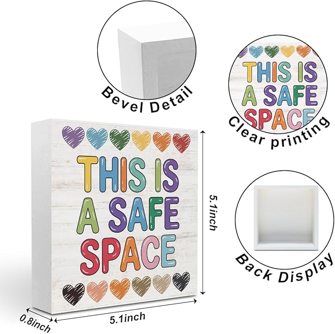 Therapy Office Decor Wood Box Sign,This Is a Safe Space Print Offices Wooden Box Office Desk Decorative Signs for Classroom Therapy Office, Boho Educational Gifts for School Counselor Psychologist