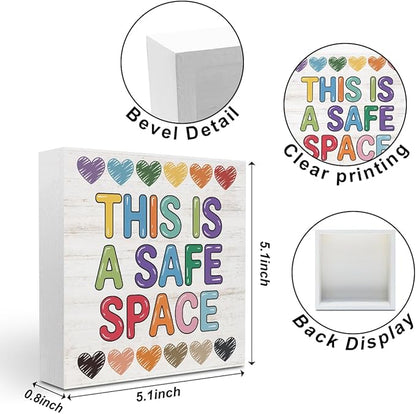 Therapy Office Decor Wood Box Sign,This Is a Safe Space Print Offices Wooden Box Office Desk Decorative Signs for Classroom Therapy Office, Boho Educational Gifts for School Counselor Psychologist
