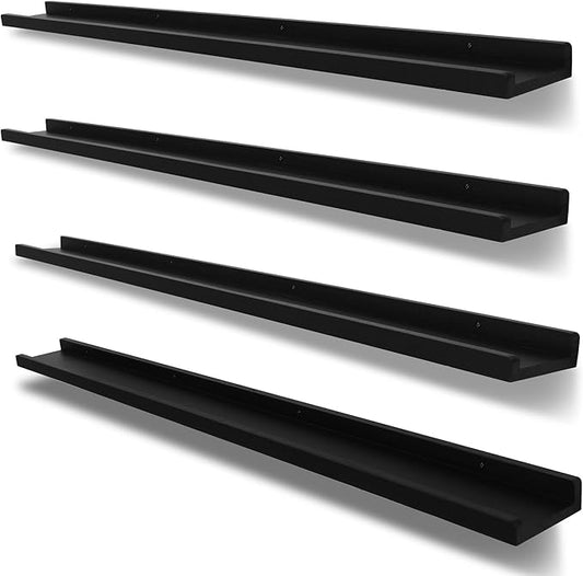PHOENANCEE Long Floating Shelves for Wall 57 Inch,Real Wood Picture Ledge with Lip Set of 4,Photo Frame Storage Display for Living Room Nursery Bedroom Bathroom Kitchen Home Office Decor Rustic Black