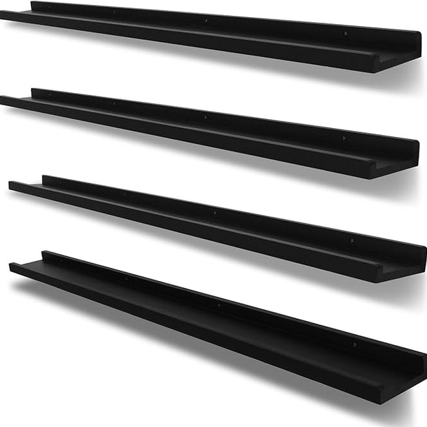 PHOENANCEE Long Floating Shelves for Wall 57 Inch,Real Wood Picture Ledge with Lip Set of 4,Photo Frame Storage Display for Living Room Nursery Bedroom Bathroom Kitchen Home Office Decor Rustic Black