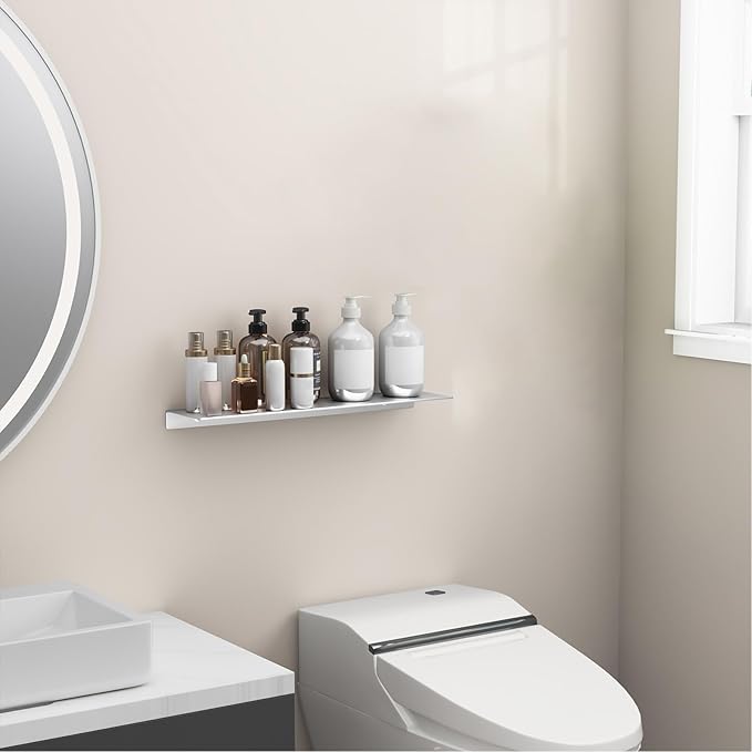 Danpoo Adhesive Floating Shelf for Wall Storage, Metal Wall Shelf for Bathroom/Living Room/Kitchen/Bedroom, 20" Long Display Shelf for Collectibles, Silver