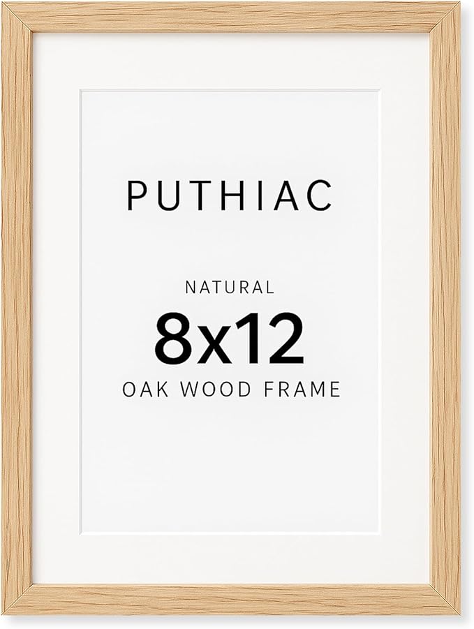 puthiac 8x12 Solid Oak Wood Picture Frame, Fits 6x8 with Mat or 8x12 Without Mat, Wall or Tabletop Display with Stand, Vertical or Horizontal, Plexi Front, 1 Pack, Natural Oak
