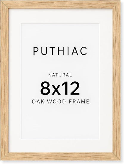 puthiac 8x12 Solid Oak Wood Picture Frame, Fits 6x8 with Mat or 8x12 Without Mat, Wall or Tabletop Display with Stand, Vertical or Horizontal, Plexi Front, 1 Pack, Natural Oak