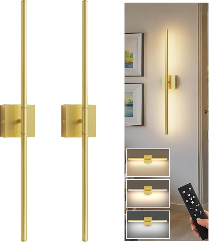 L LOHAS LED Battery Operated Wall Sconces Set of 2, Battery Wall Sconce 10000mAh, Gold Rechargeable Sconces 3CCT, 28.1 Inch Wireless Wall Lights, Sconce Wall Decor for Bedroom, Living Room
