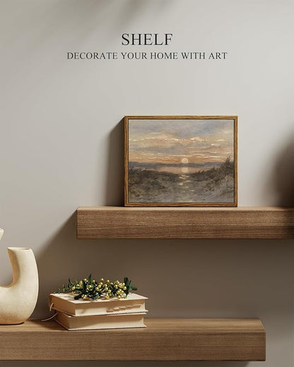 InSimSea Framed Canvas Print Art, Vintage Sunset lakeside Landscape Painting, Rustic Farmhouse Cottage Decor for Hallway Wall Floating Shelf Desk Vanity Fireplace,10x8 in, Earth Tones