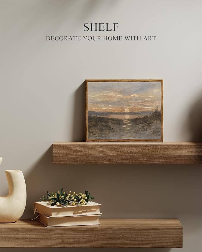InSimSea Framed Canvas Print Art, Vintage Sunset lakeside Landscape Painting, Rustic Farmhouse Cottage Decor for Hallway Wall Floating Shelf Desk Vanity Fireplace,10x8 in, Earth Tones