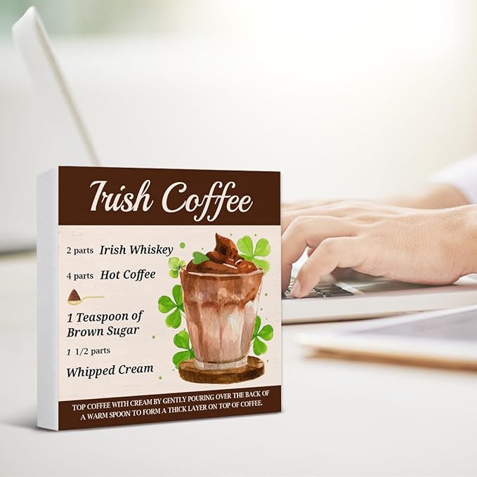 St Patricks Day Decorations - St. Patrick's Day Decor - Irish Coffee Bar Wooden Sign Home Kitchen Coffee Bar Table Shelf Desk Decor 5×5 Inches