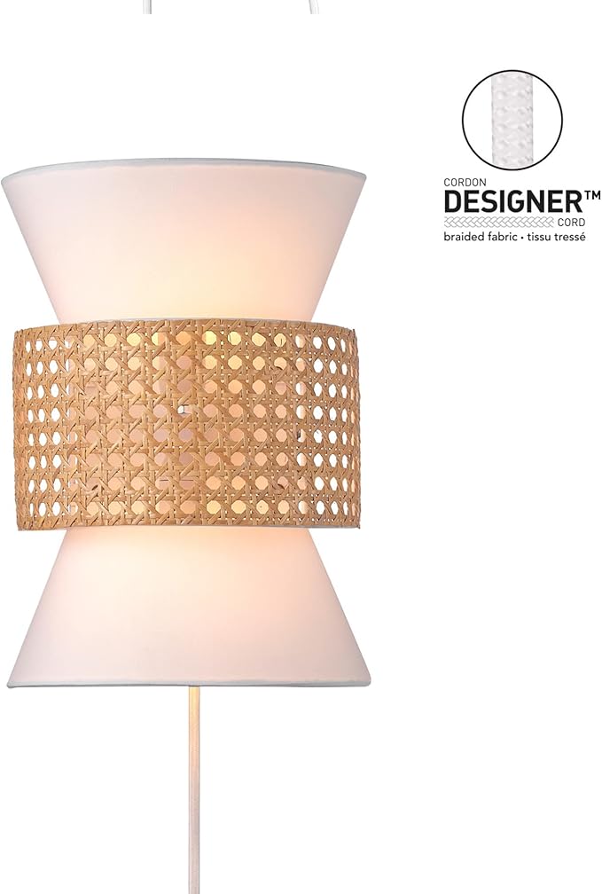 Globe Electric 65925 2-Light Plug-in or Hardwire Wall Sconce, Matte White Fabric Shade with Natural Rattan Accent, 6ft Braided Cord, in-Line Rocker Switch, Modern Lighting for Apartments or Renters