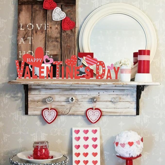 MEETYAMOR Valentines Day Decorations, Wood Metal Happy Valentines Day Sign for Table Decor, Farmhouse Rustic Valentines Day Decorations for Home, Kitchen, Mantle, Shelf