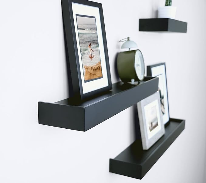 Ballucci Modern Ledge Wall Shelves, Set of 4 Wood Floating Shelves for Bedroom, Bathroom, Living Room, Kitchen, Nursery, Black