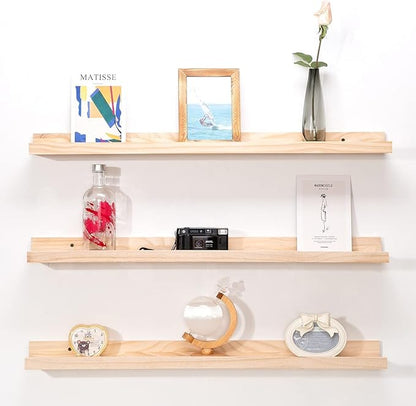 MBYD 36 Inch Floating Shelves Natural Wood, Wall Mount Picture Ledge Wooden Wall Shelf Nursery Bookshelf for Bedroom, Living Room, Office, Kitchen, Set of 3 Same Dimensions