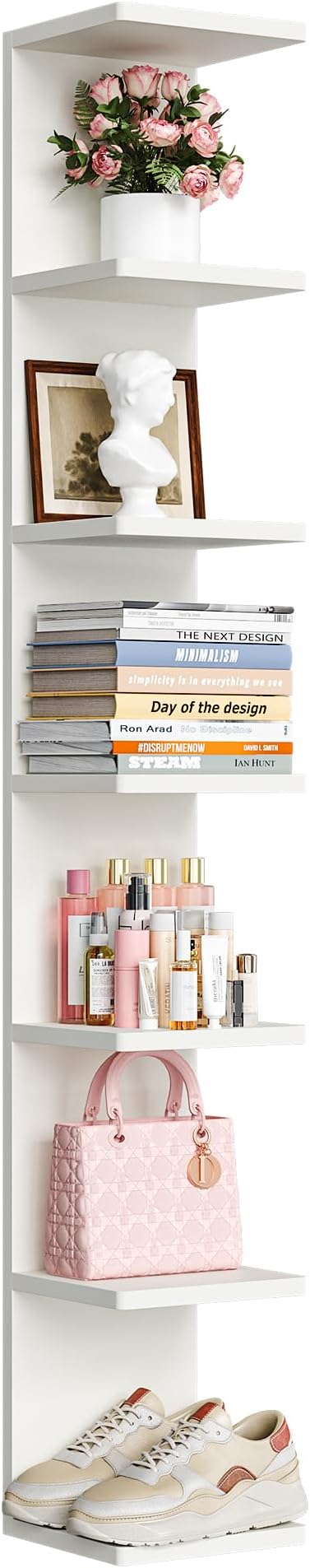 upsimples 7-Tier Floating Wall Shelf, White Wall Mounted Display and Storage Shelf, Decorative Shelves for Bedroom, Living Room, Bathroom, and Office
