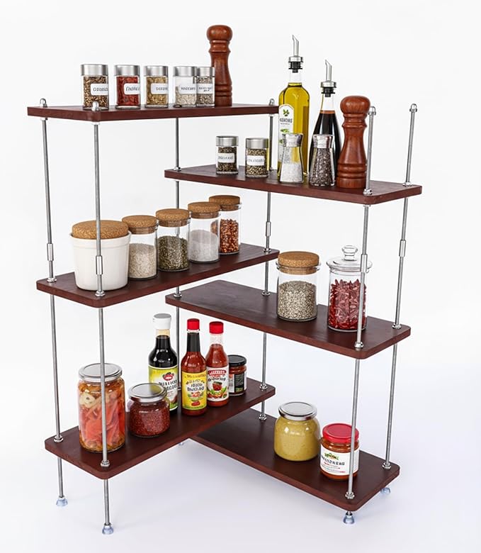 VINIUSIKI Adjustable 6 Tier L-Shaped Countertop Shelf Organizer, Kitchen Spice Rack for Countertop, Wood Coffee Counter Shelf Organizer for Home - 15.7"x15.7"x24.01" (LxWxH), Auburn