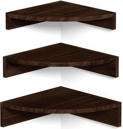 Alsonerbay Corner Shelf Wall Mount, Set of 3 Floating Shelves for Storage and Display, Rustic Wood Shelves for Bedroom, Kitchen, Living Room, Nursery and Office (Dark Brown)