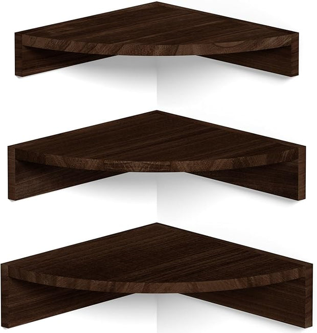 Alsonerbay Corner Shelf Wall Mount, Set of 3 Floating Shelves for Storage and Display, Rustic Wood Shelves for Bedroom, Kitchen, Living Room, Nursery and Office (Dark Brown)