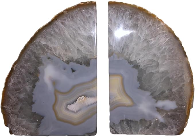 JIC Gem 1 Pair(6 to 8 Lbs) Natural Agate Bookends Decorative geode Book Ends for Heavy Books with Rubber Bumpers Crystal Bookends for Shelves and Office Decoration