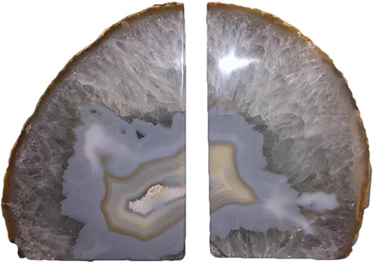 JIC Gem 1 Pair(6 to 8 Lbs) Natural Agate Bookends Decorative geode Book Ends for Heavy Books with Rubber Bumpers Crystal Bookends for Shelves and Office Decoration