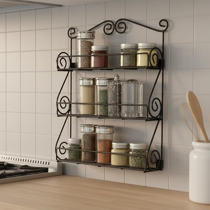 FitWell Scroll Wall Mount Spice Rack, 3-Tier, Traditional Spice Rack Cabinet & Kitchen, Beauty & Nail Polish Organizer for Bathroom, Scroll Wall-Mounted (Black)