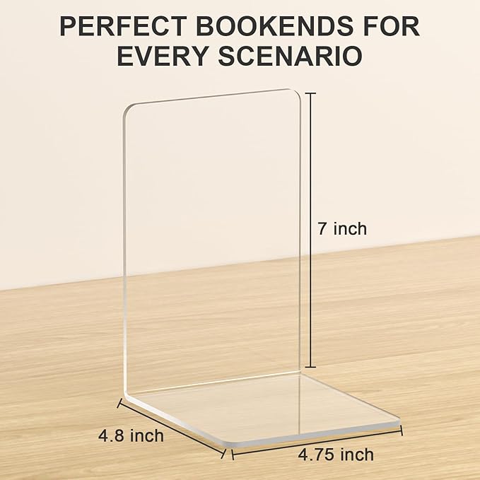 VFINE Acrylic Bookends 8 Pieces, Book Ends for Shelves, Clear Bookends for Shelves Decor Book Ends for Desktop Organizer, Book Stopper for Home Office School Supplies, 7 * 4.8 * 4.75 inch