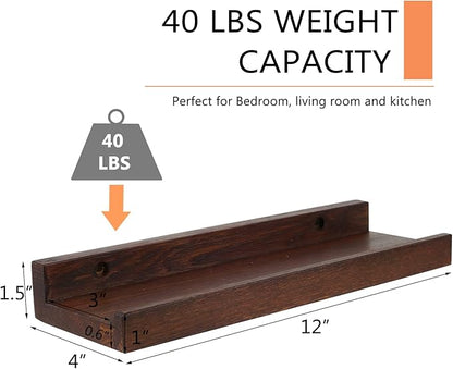 12 Inch Floating Shelves Wall Mounted, Rustic Wall Shelves for Decor and Storage, Solid Walnut Wood Shelf, Picture Ledge for Bedroom/Bathroom/Living Room/Kitchen, Walnut Color, 12*4*1.5 (1 Pack)