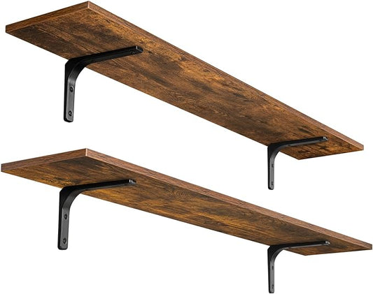 DINZI LVJ Long Wall Shelves, 47.3Inch Wall Mounted Shelves Set of 2, Extra Large Floating Storage Ledges with Sturdy Metal Brackets for Living Room, Bathroom, Bedroom, Kitchen, Rustic Brown