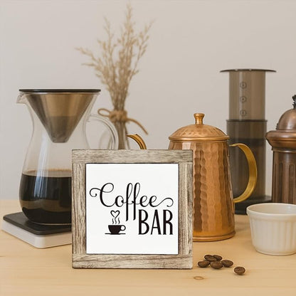 Coffee Bar Decor, Rustic Coffee Bar Wooden Box Signs, Rustic Wood Signs for Kitchen Cafe Bars, Square Wood Block Sign Table Decor, Freestanding Home Decoration 5.9×5.9 inch