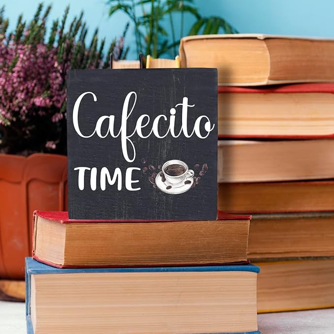 HTBIG Wooden Decorative Box Sign - Rustic Black Coffee Themed Sign - 5.1 x 5.1 x 1.2 inches - Perfect for Home, Office, or Gifting