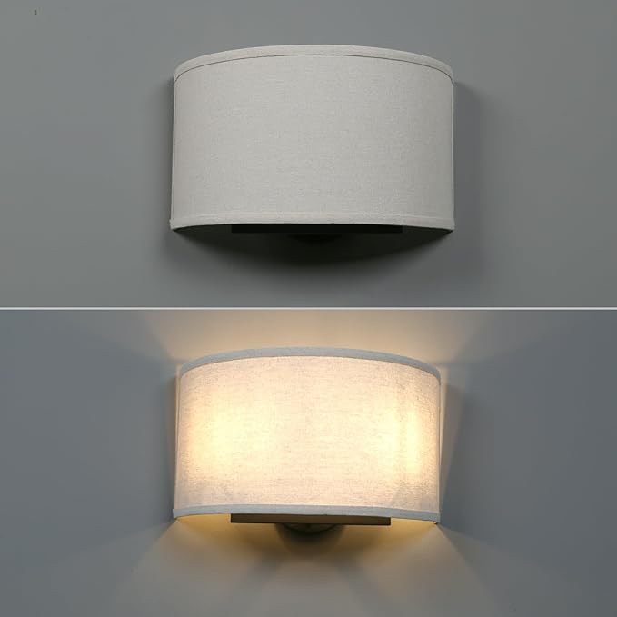 2-Light Linen Fabric Boho Hallway Wall Sconce Indoor Light Fixture, Dual Vintage Industrial Hardwired Half Moon Wall Lighting Semicircle Textile Shade for Bedroom Living Room Corridor Study
