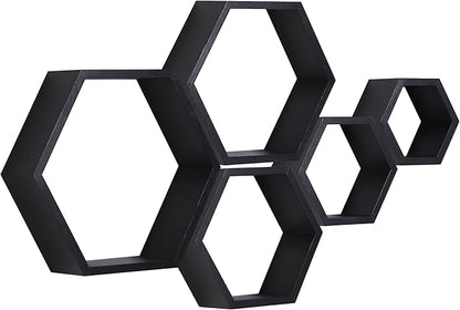 PHOENANCEE Hexagon Floating Shelves,Wall Mounted Wood Farmhouse Storage Honeycomb Shelf Set of 5,for Bathroom, Kitchen, Bedroom, Living Room,Office,Home Room Wall Decor Driftwood Finish