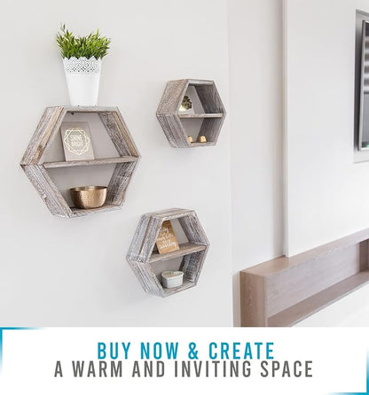 Comfify Rustic Wall Mounted Hexagonal Floating Shelves – Set of 3 Honeycomb Shelves - Farmhouse Decor – Honeycomb Wall Decor - Rustic White