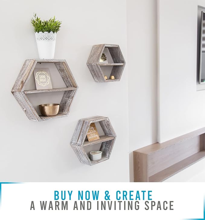 Comfify Rustic Wall Mounted Hexagonal Floating Shelves – Set of 3 Honeycomb Shelves - Farmhouse Decor – Honeycomb Wall Decor - Rustic White