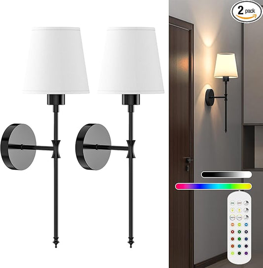 Battery Operated Wall Sconce Lights Set of Two, Rechargeable Powered Wall Lamp with RGB Bulbs, Wireless Decor Wall Sconces with Dimmable Remote Control, for Bedroom Living Room (Black)