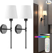 Battery Operated Wall Sconce Lights Set of Two, Rechargeable Powered Wall Lamp with RGB Bulbs, Wireless Decor Wall Sconces with Dimmable Remote Control, for Bedroom Living Room (Black)