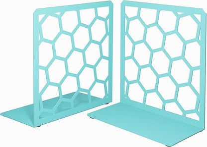 GEOMOD Geometric Honeycomb Turquoise Metal Bookends Decorative - Tall Sturdy Book Ends for Shelves - Modern Heavy Duty Bookend Stopper - Office Shelf Book Holder - 6x3.25x6.25 Inches - 1 Pair
