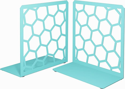 GEOMOD Geometric Honeycomb Turquoise Metal Bookends Decorative - Tall Sturdy Book Ends for Shelves - Modern Heavy Duty Bookend Stopper - Office Shelf Book Holder - 6x3.25x6.25 Inches - 1 Pair