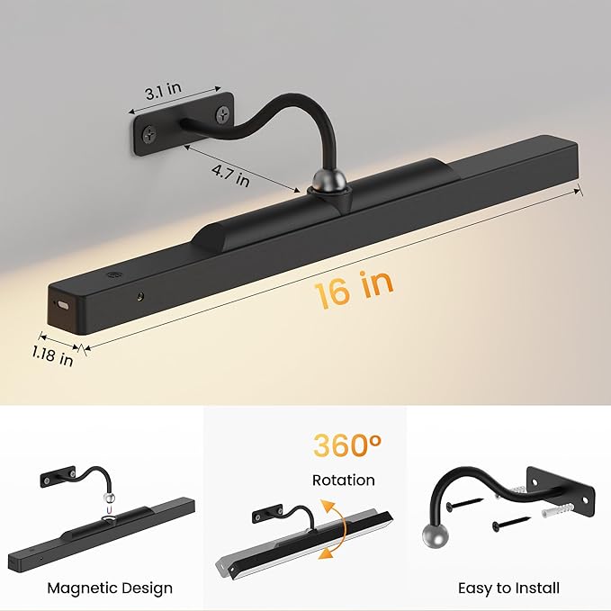 2Pack Picture Light, 13Hrs Lasting Battery Operated Picture Lights for Paintings,16in Remote Control Display Art Light with Timer for Wall Painting, Frame, Portrait, Display,Artwork,Gallery- Black